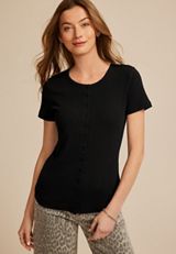 Ribbed Button Front Short Sleeve Tee, BLACK, small