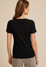 Ribbed Button Front Short Sleeve Tee, BLACK, small