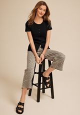 Ribbed Button Front Short Sleeve Tee, BLACK, small