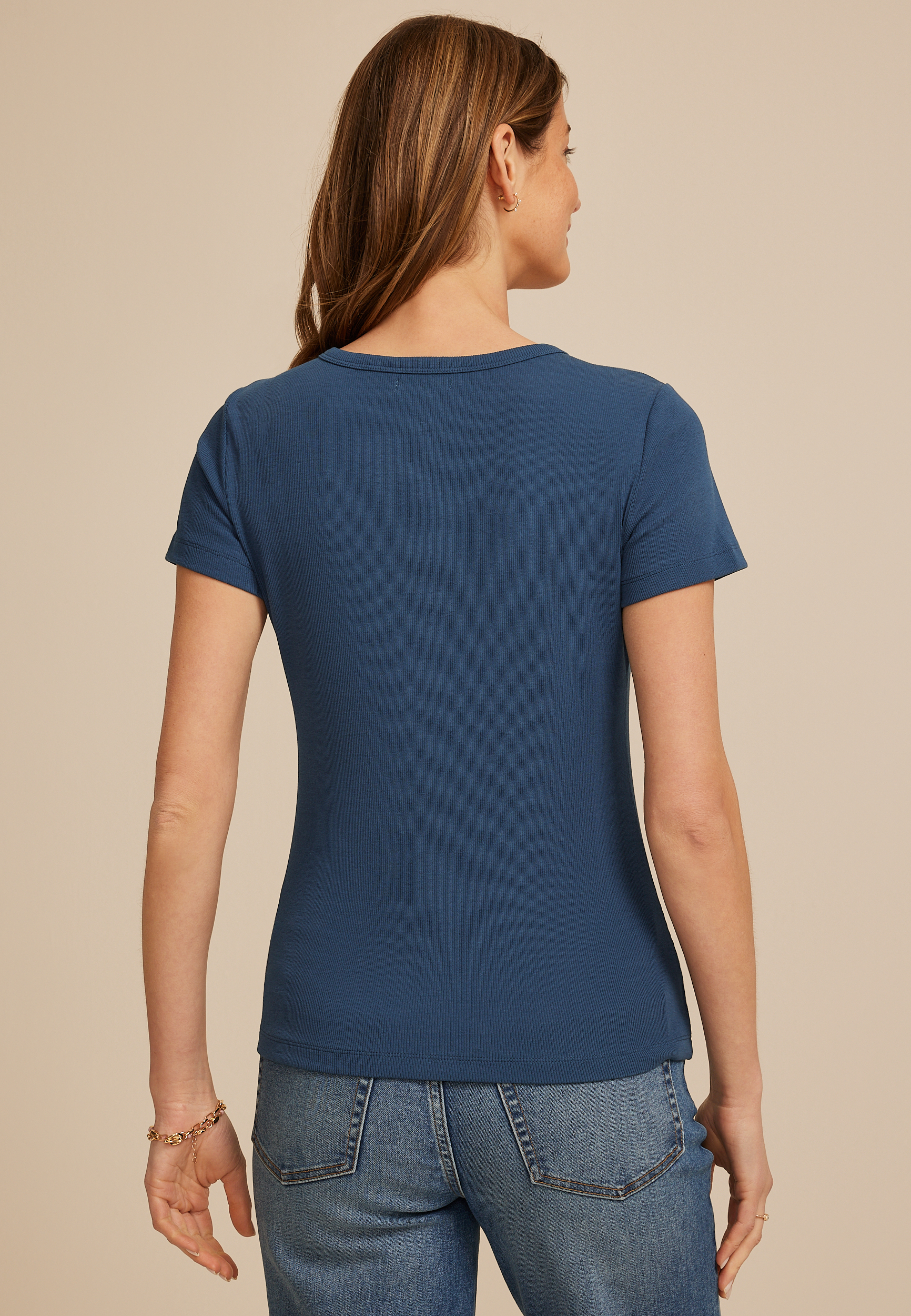 Ribbed Button Front Short Sleeve Tee - thumbnail 2