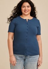 Plus Size Ribbed Button Front Short Sleeve Tee, C1605, small