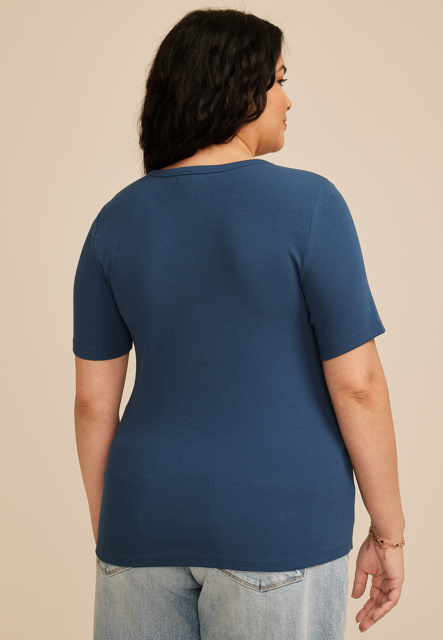 Plus Size Ribbed Button Front Short Sleeve Tee - thumbnail 2