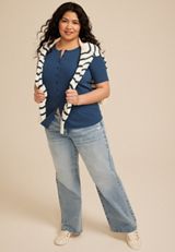 Plus Size Ribbed Button Front Short Sleeve Tee, C1605, small