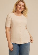 Plus Size Ribbed Button Front Short Sleeve Tee, C3162, small