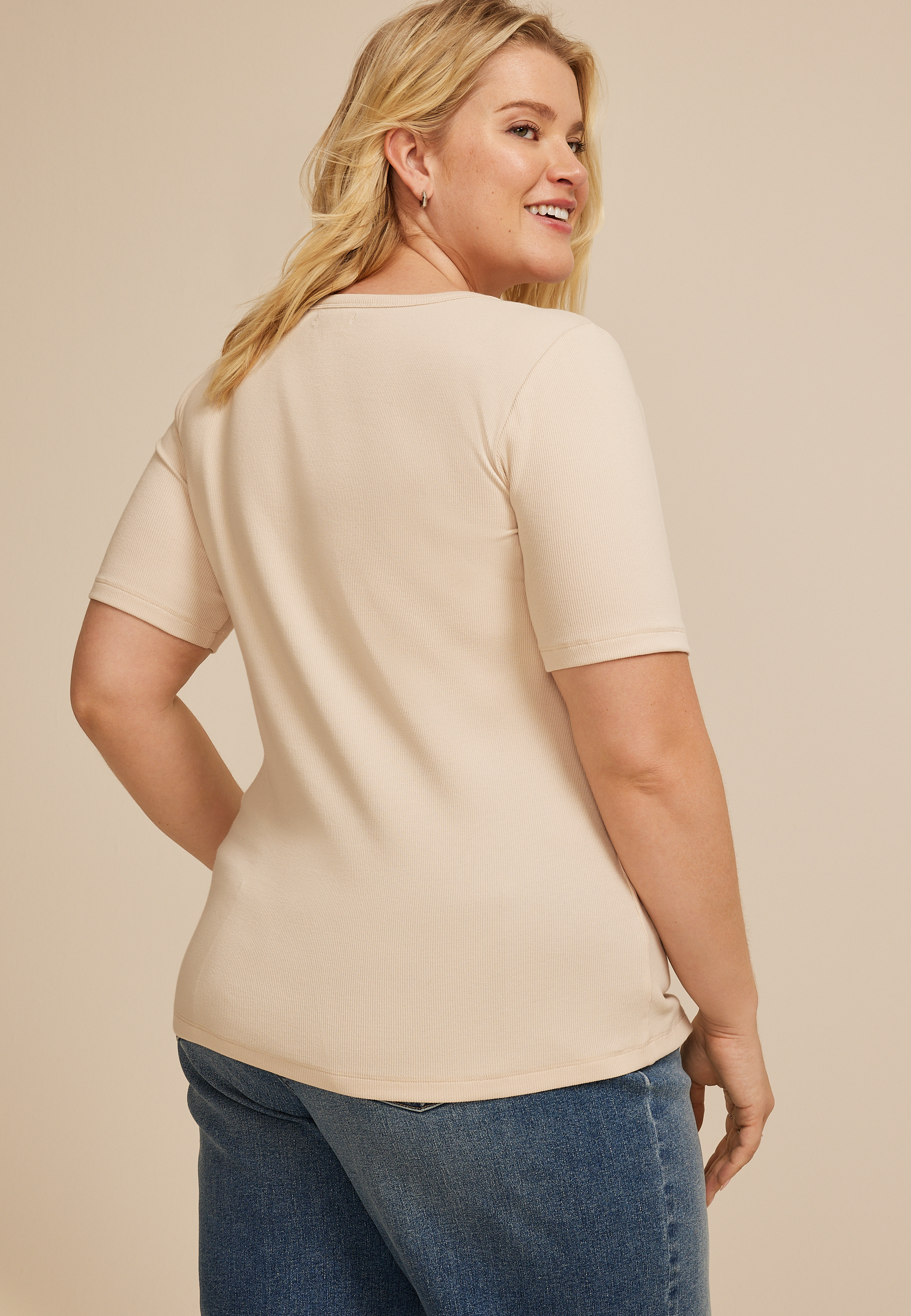 Plus Size Ribbed Button Front Short Sleeve Tee, C3162, large