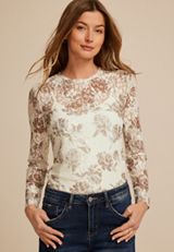 Sheer Lace Floral Crew Neck Top, C5487, small