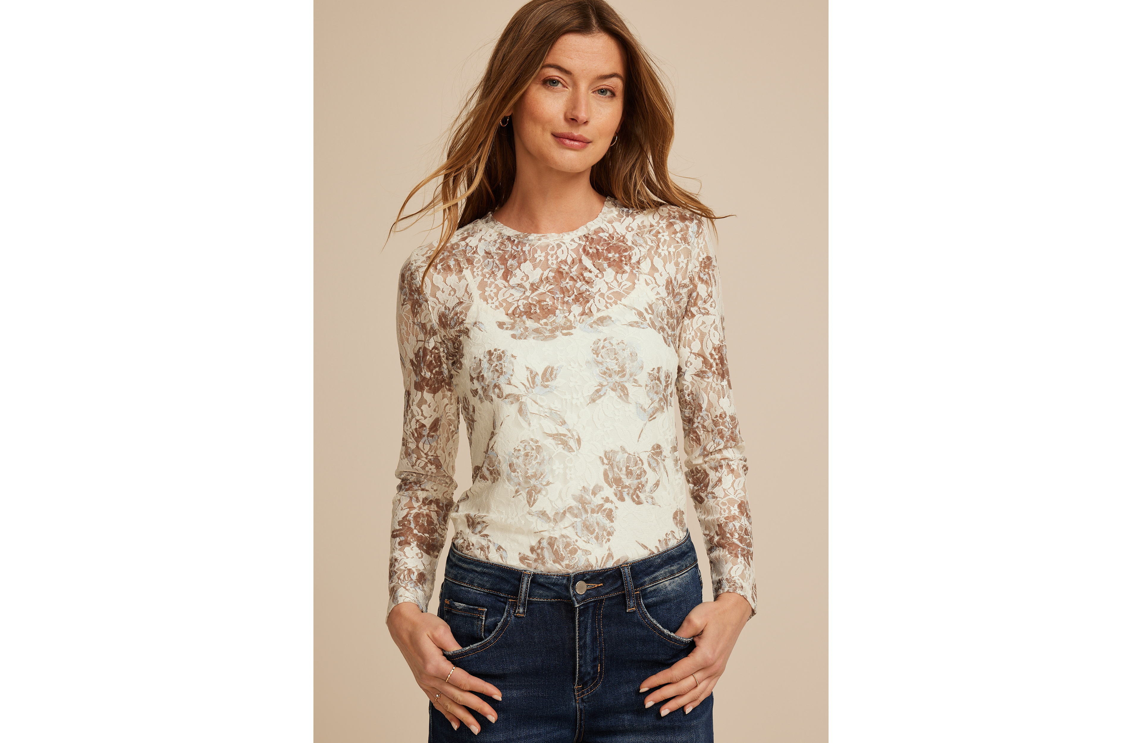 Sheer Lace Floral Crew Neck Top