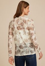 Sheer Lace Floral Crew Neck Top, C5487, small