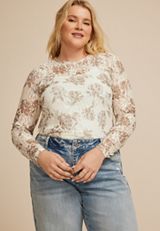 Plus Size Sheer Lace Floral Crew Neck Top, C5487, small
