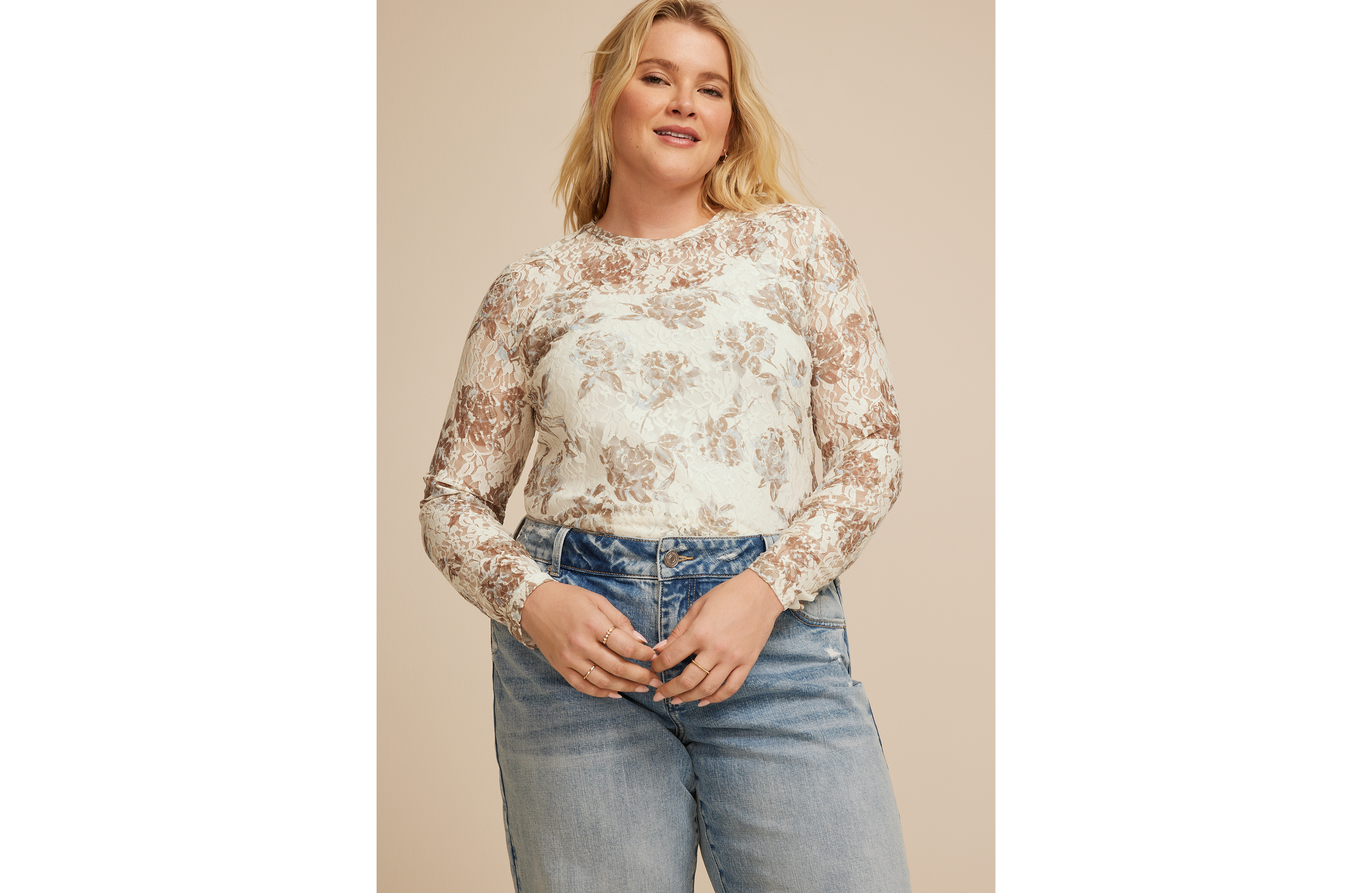 Plus Sheer Lace Floral Crew Neck Top