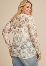 Plus Size Sheer Lace Floral Crew Neck Top, C5487, small