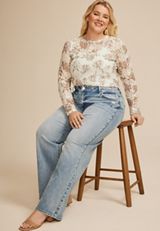 Plus Size Sheer Lace Floral Crew Neck Top, C5487, small