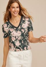 Floral Crochet Trim V Neck Tee, GREY MOON COMBO, small