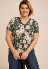 Plus Size Floral Crochet Trim V Neck Tee, C2722, small