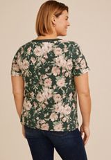 Plus Size Floral Crochet Trim V Neck Tee, C2722, small