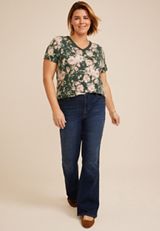Plus Size Floral Crochet Trim V Neck Tee, C2722, small