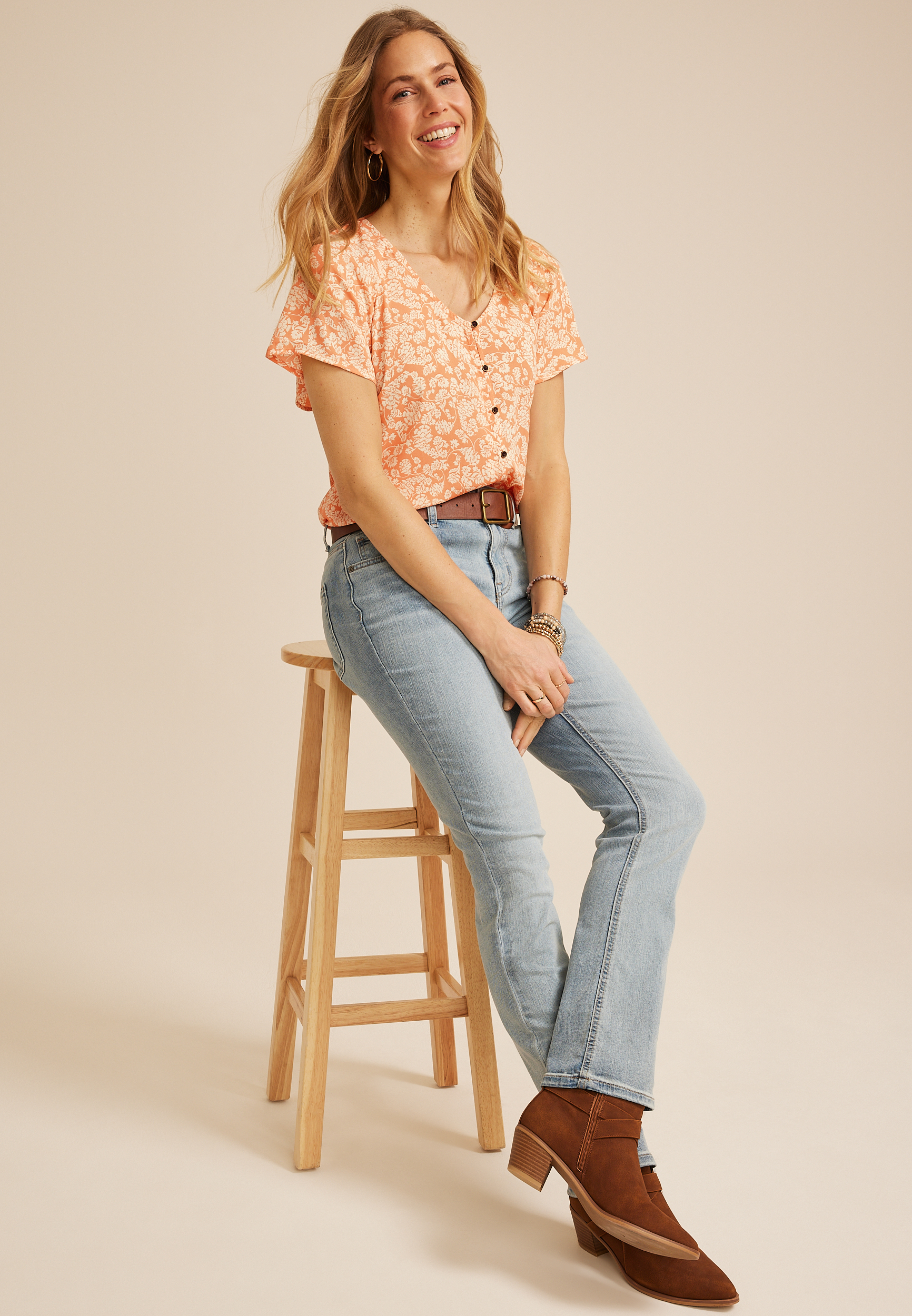 Floral Button Front Blouse, C8086, large