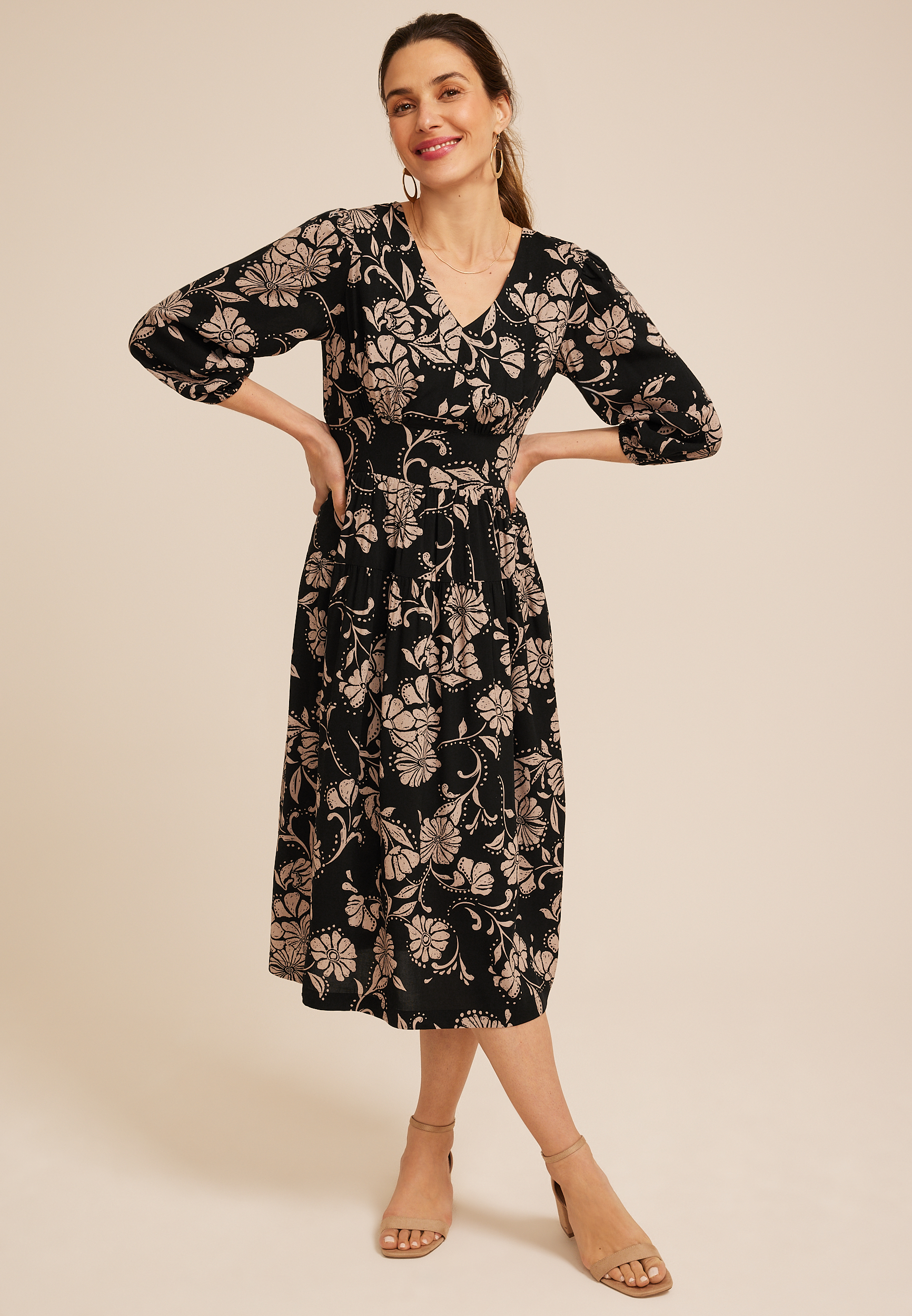 Floral V Neck Midi Dress