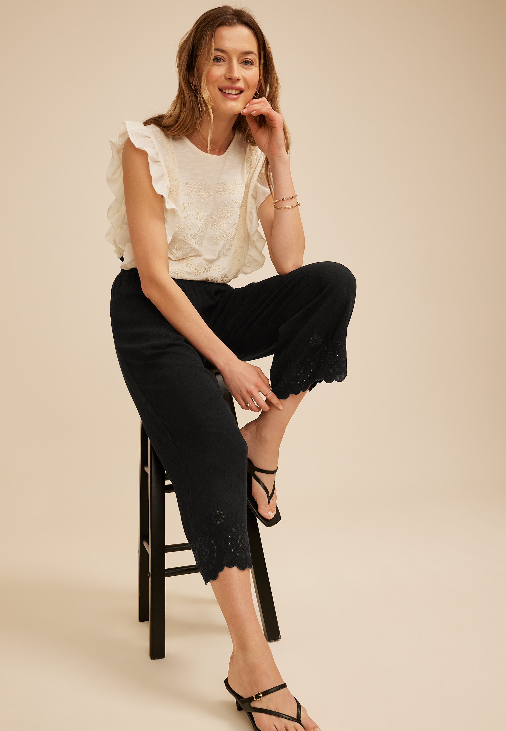 Scalloped Eyelet Hem Palazzo Pant