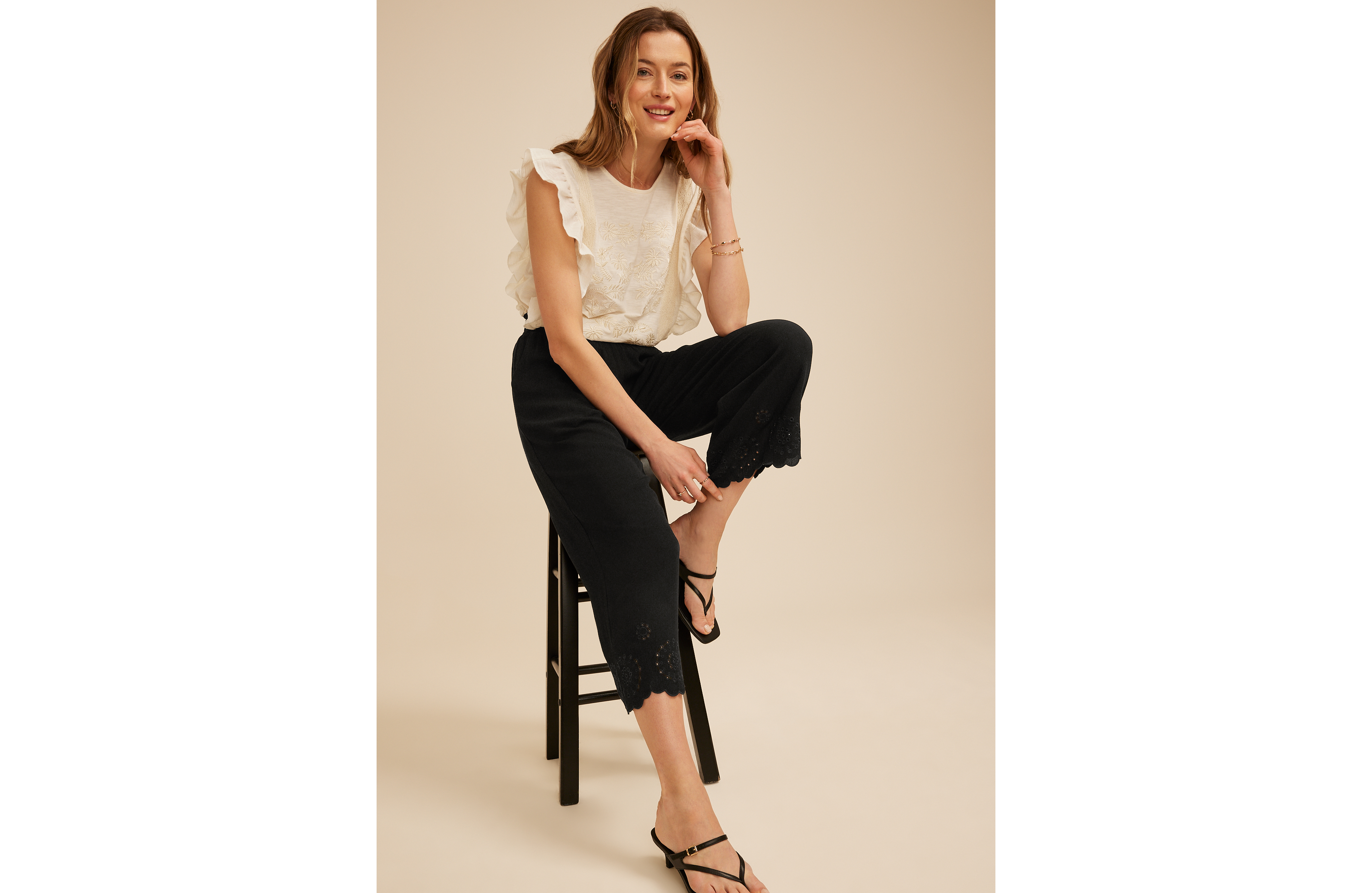 Scalloped Eyelet Hem Palazzo Pant