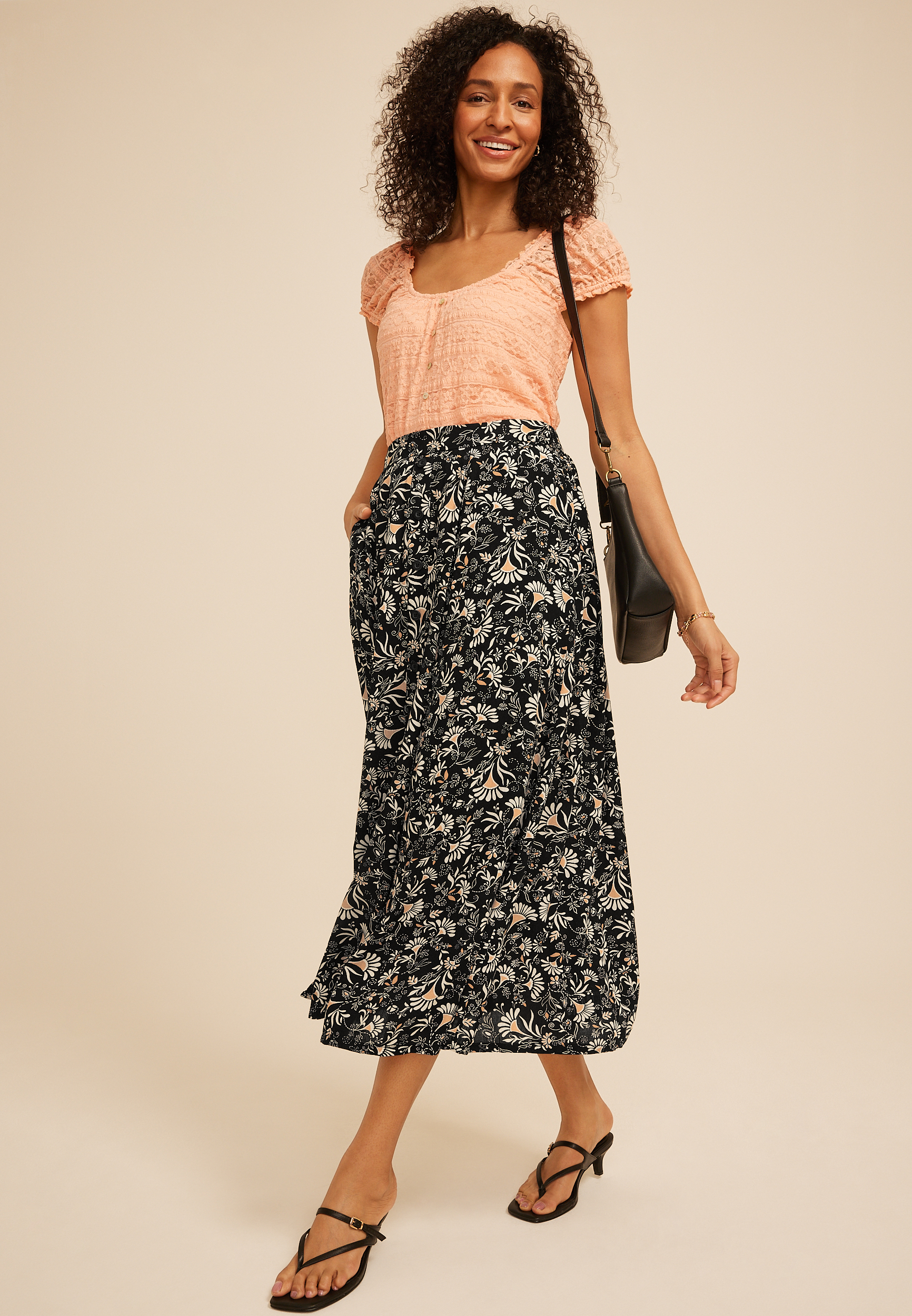 Floral Button Front Maxi Skirt