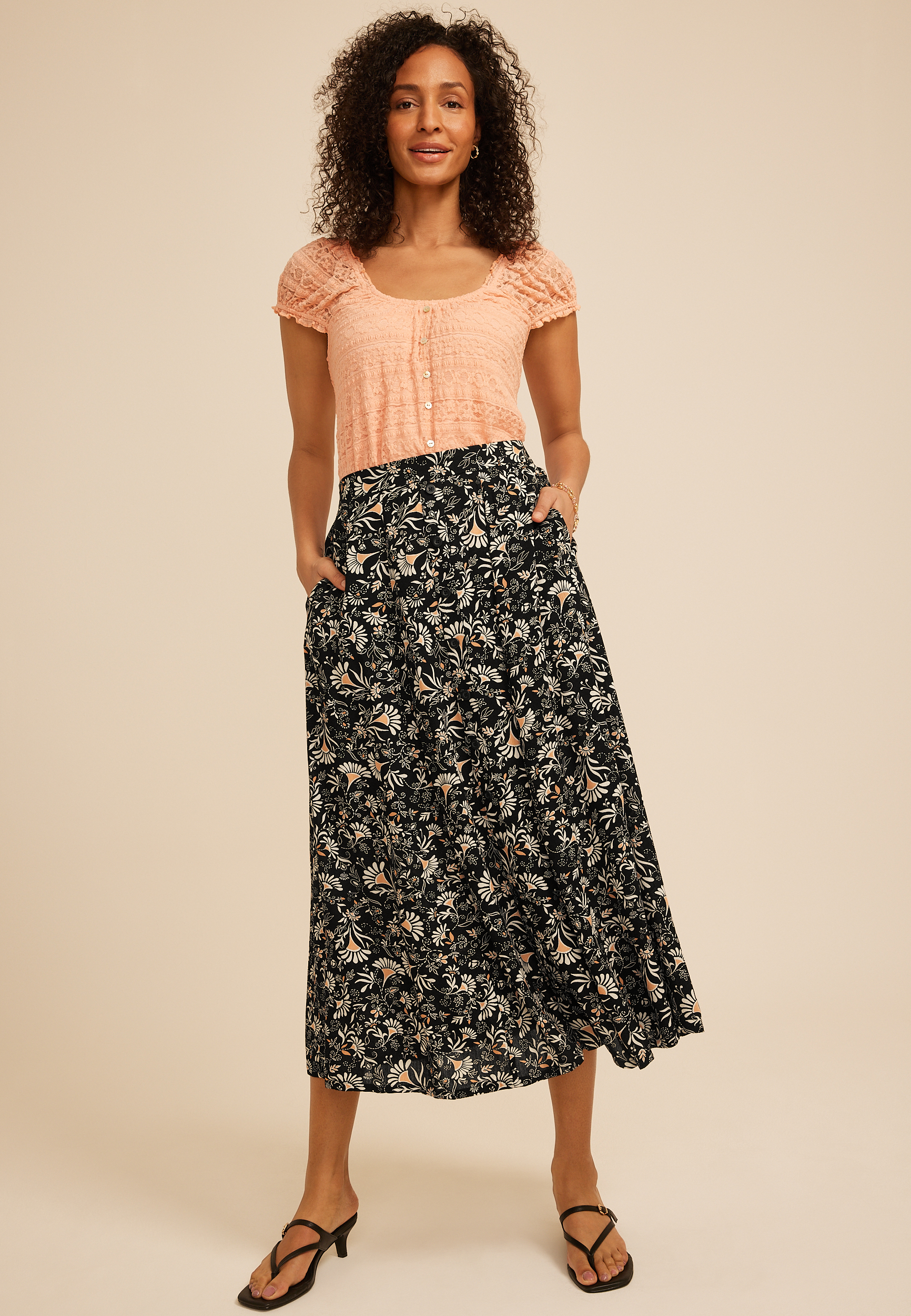 Floral Button Front Maxi Skirt