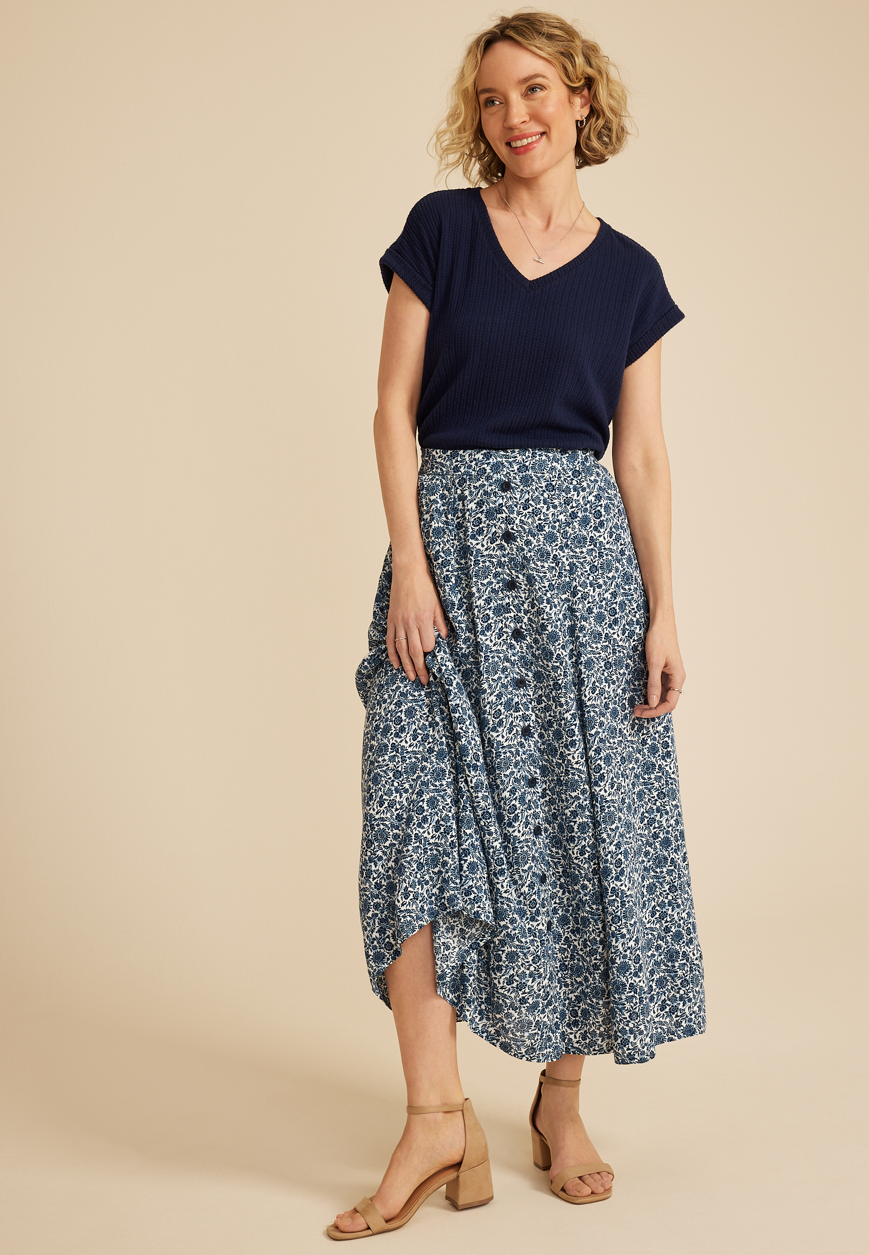 Floral Button Front Maxi Skirt