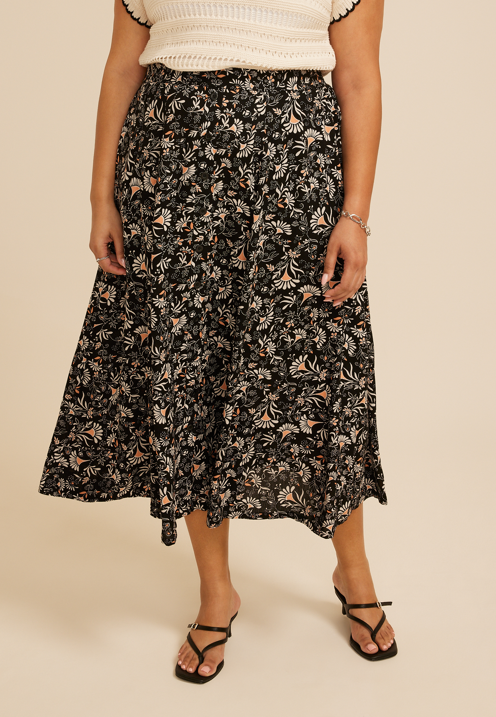 Plus Size Floral Button Front Maxi Skirt, C1756, large