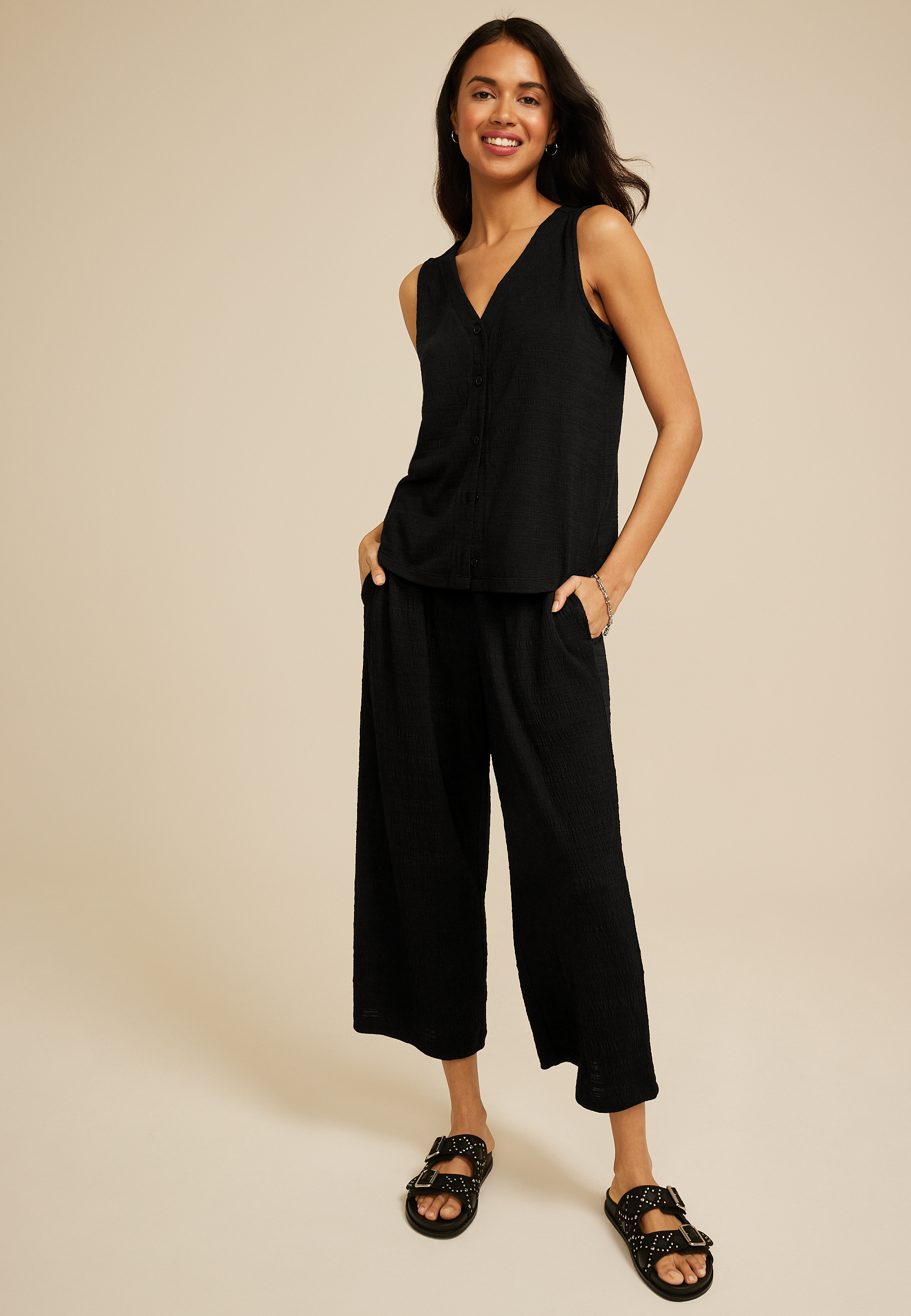 Textured Wide Leg Cropped Pant