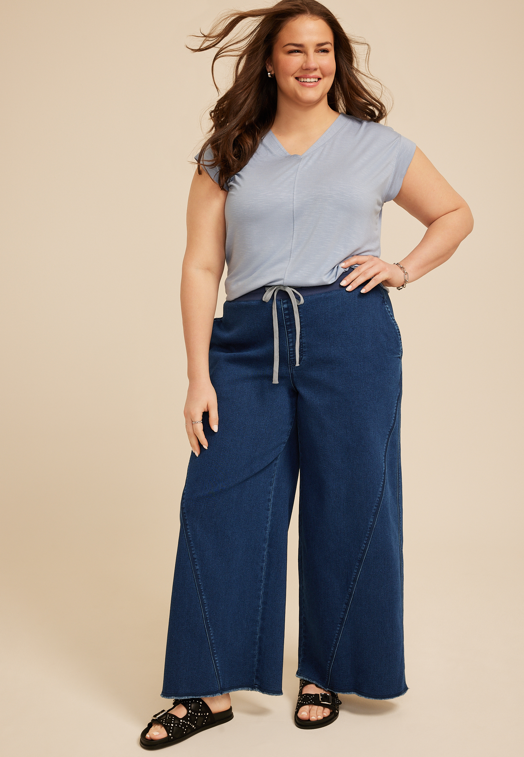 Plus Size Dark Knit Seamed Pull On Wide Leg Jean