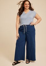 Plus Size Dark Knit Seamed Pull On Wide Leg Jean, C258, small