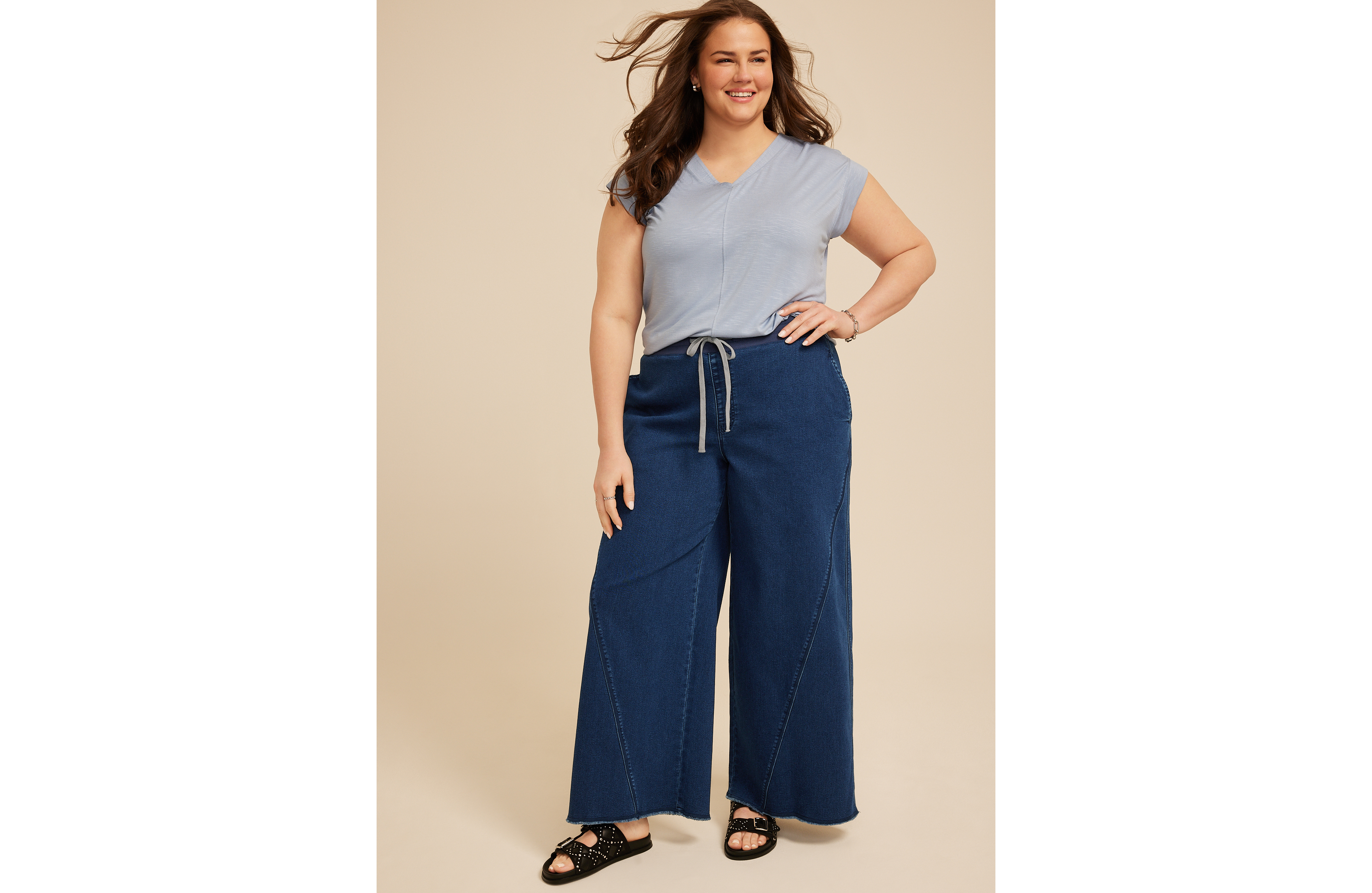 Plus Dark Knit Seamed Pull On Wide Leg Jean