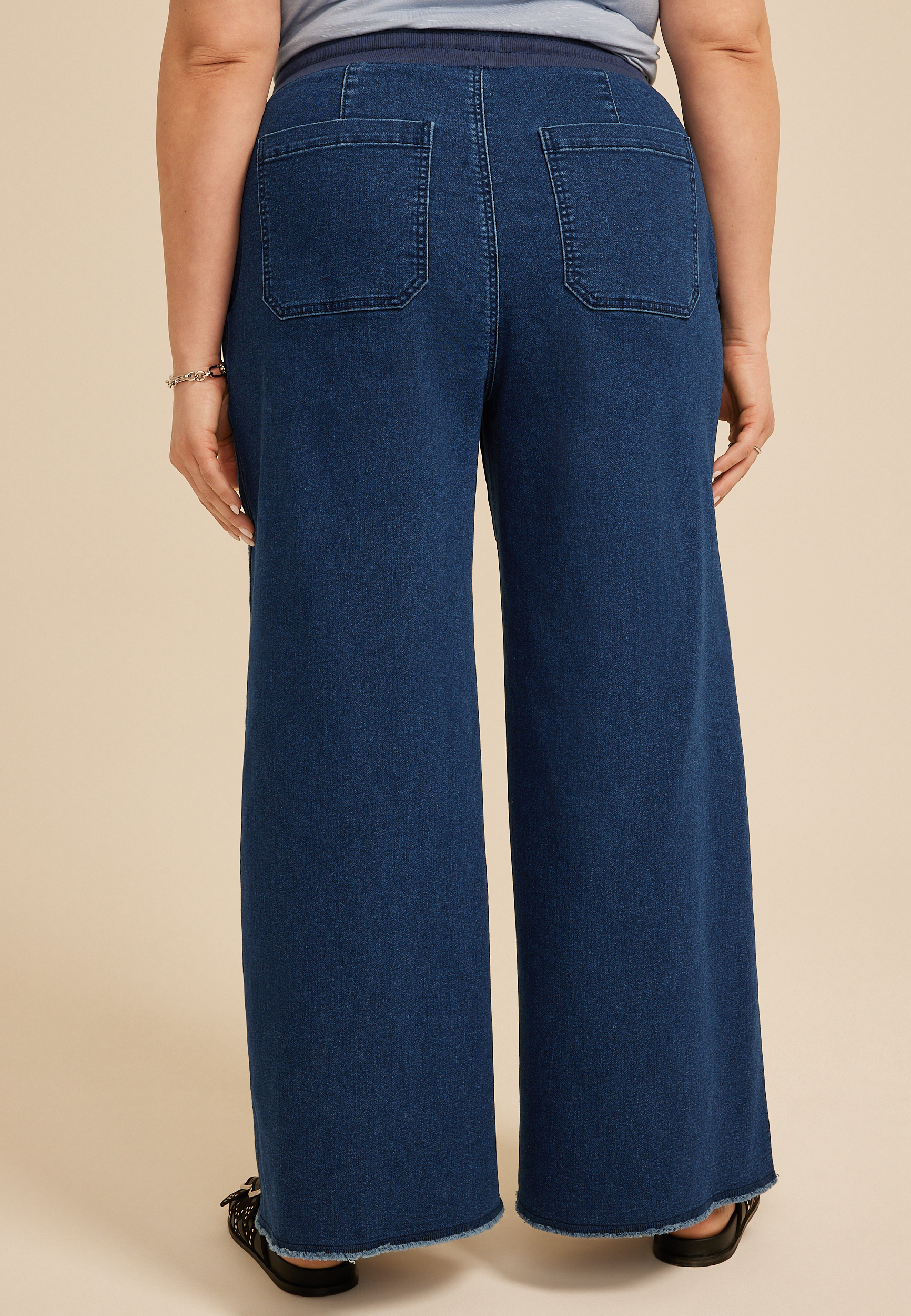 Plus Size Dark Knit Seamed Pull On Wide Leg Jean | maurices