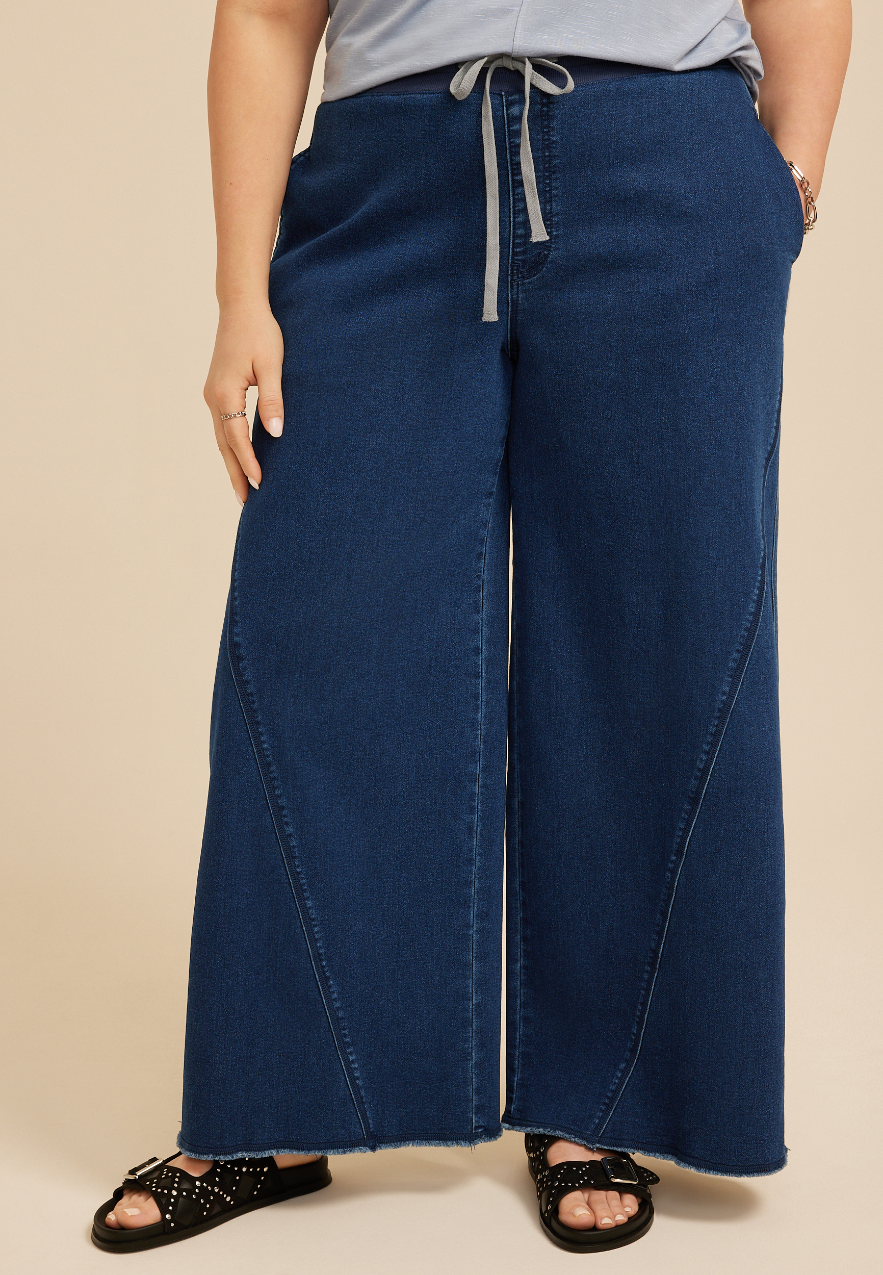 Plus Size Dark Knit Seamed Pull On Wide Leg Jean, C258, large