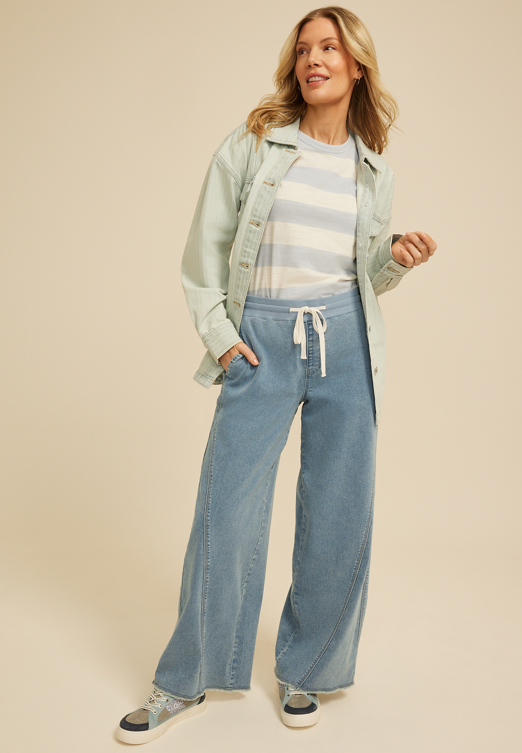 Light Knit Seamed Pull On Wide Leg Jean, C2806, large