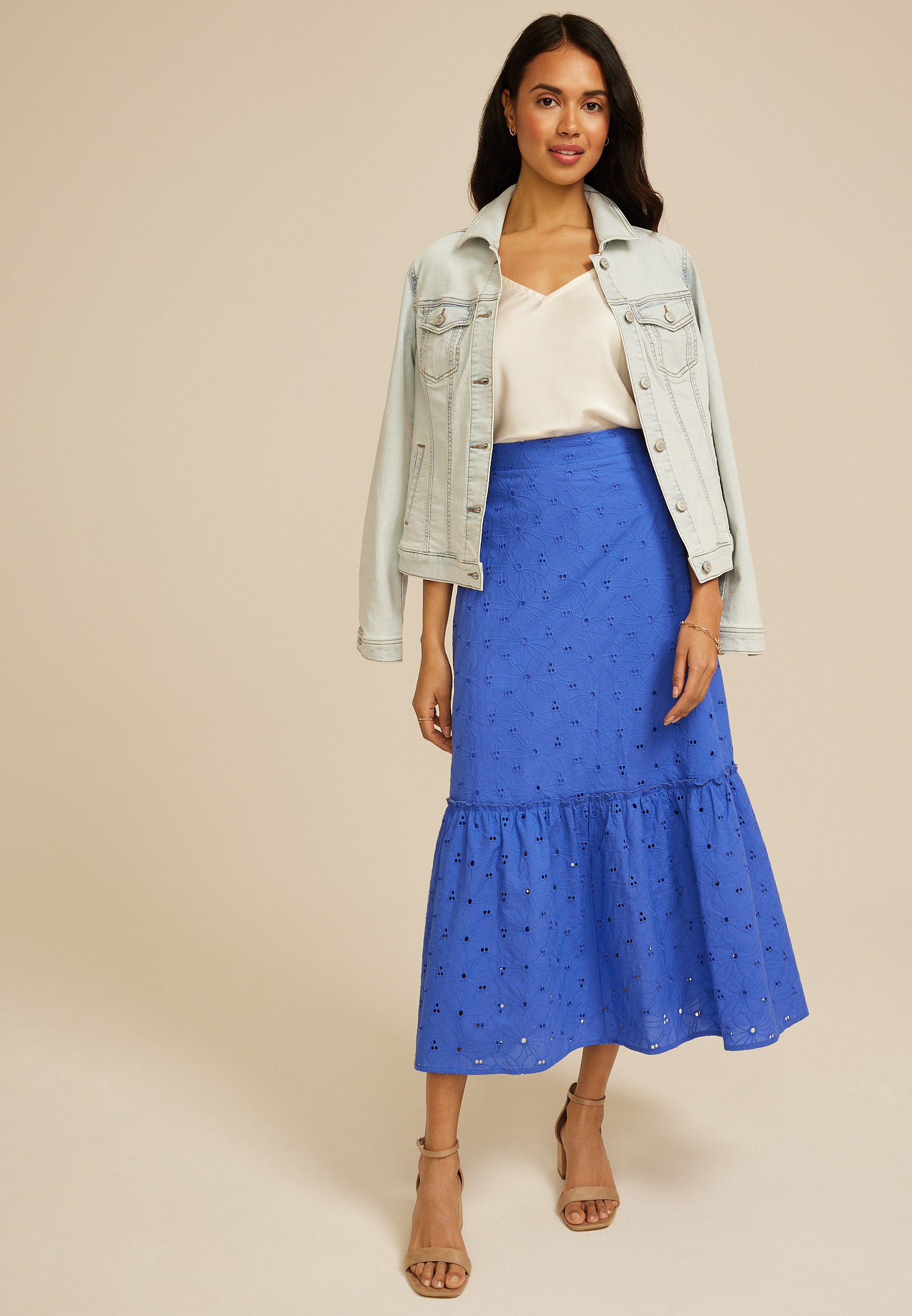 High Rise Eyelet Maxi Skirt, C8814, large