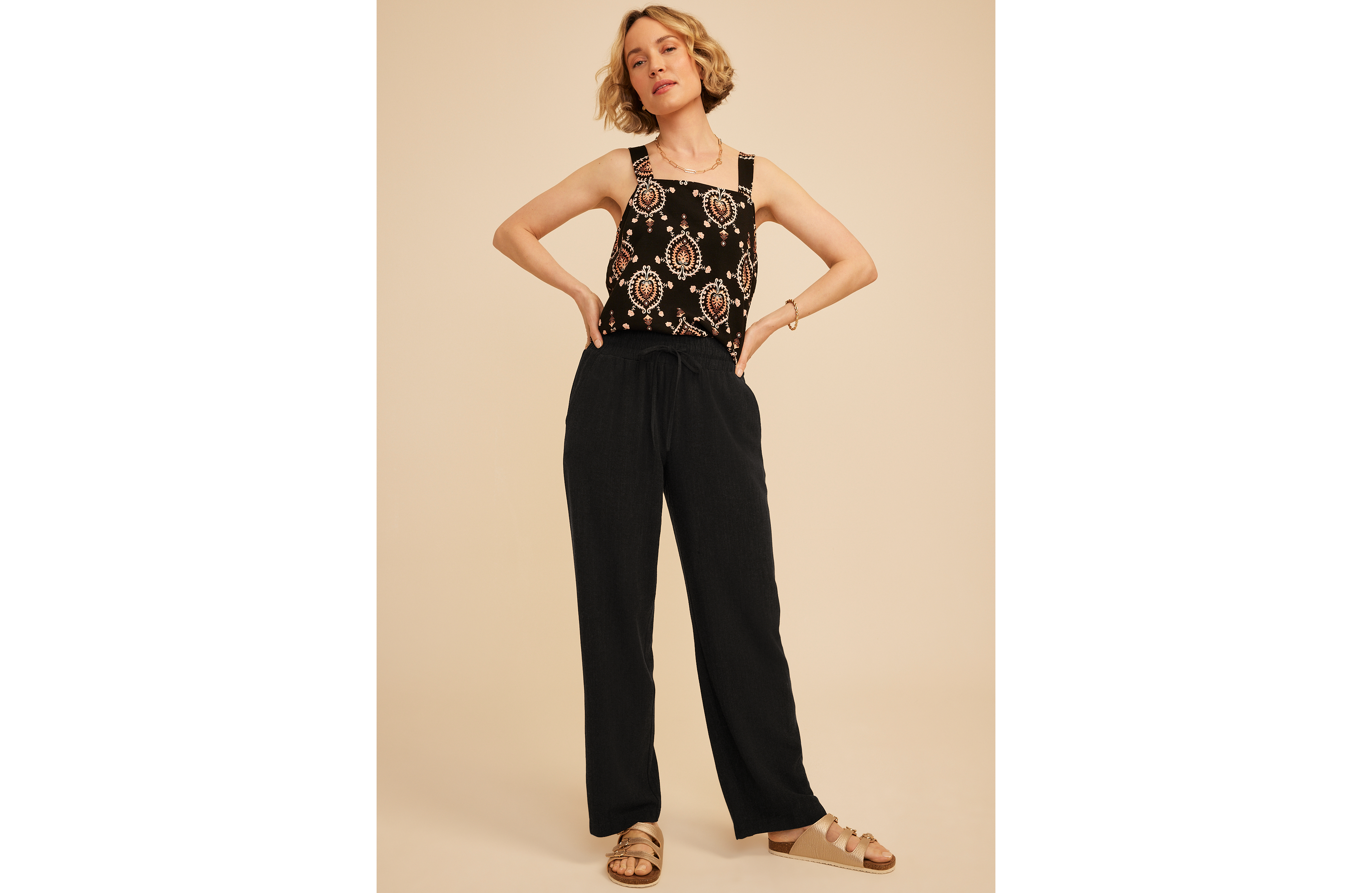 Linen Like High Rise Pull On Wide Leg Pant