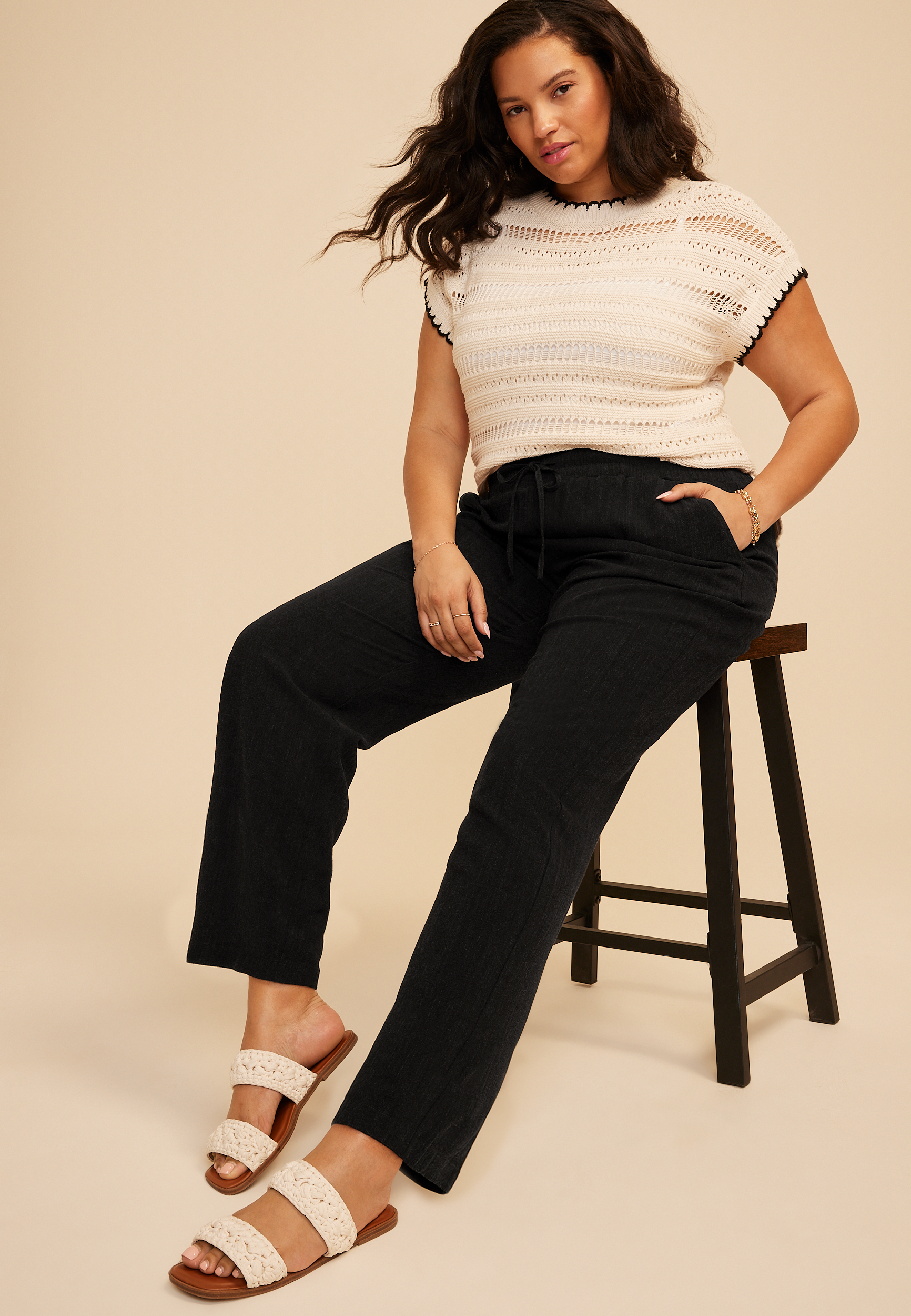 Plus Size Linen Like High Rise Pull On Wide Leg Pant, C106, large