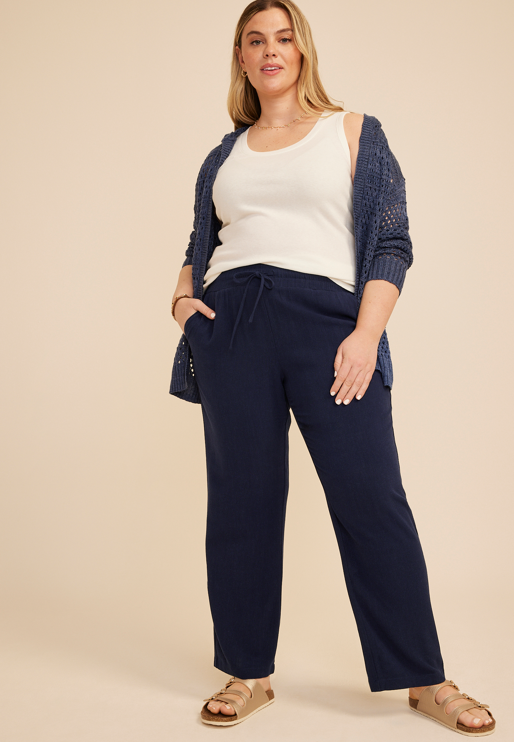 Plus Size Linen Like High Rise Pull On Wide Leg Pant