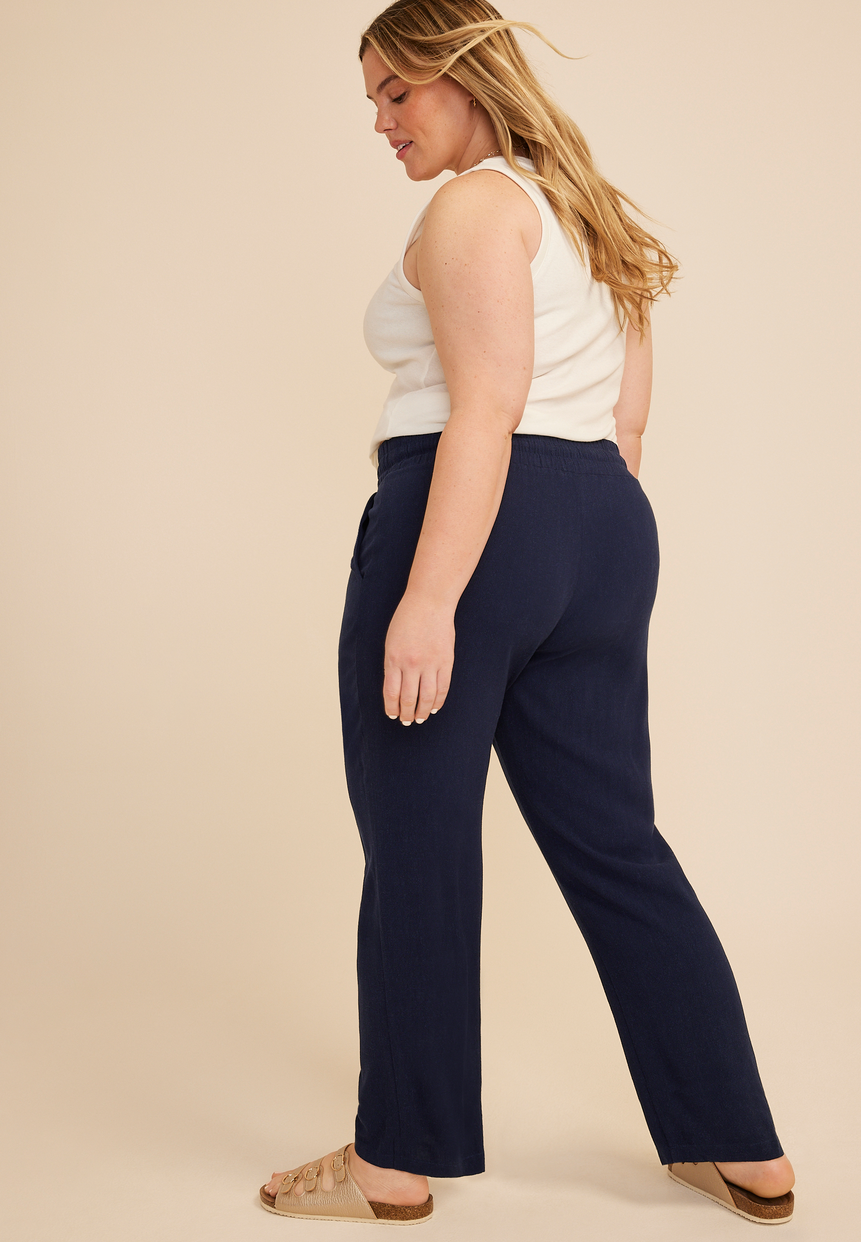 Plus Size Linen Like High Rise Pull On Wide Leg Pant, C1919, large
