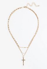 Gold Cross Pendant Layered Necklace, C605, small