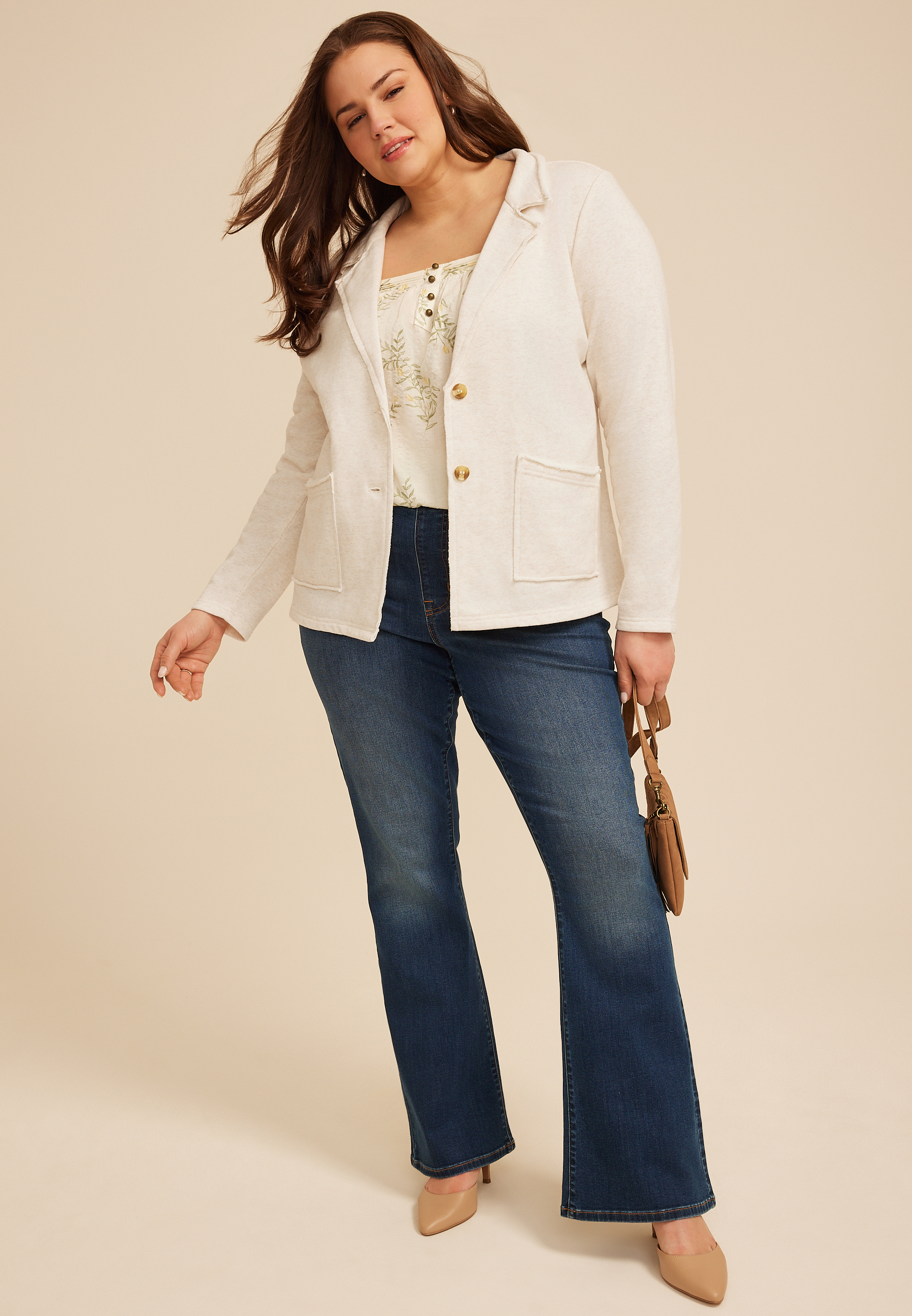 Plus Size French Terry Casual Blazer, OATMEAL HEATHER, large