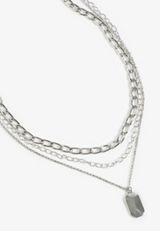 Silver Tag Pendant Layered Necklace, SILVER, small