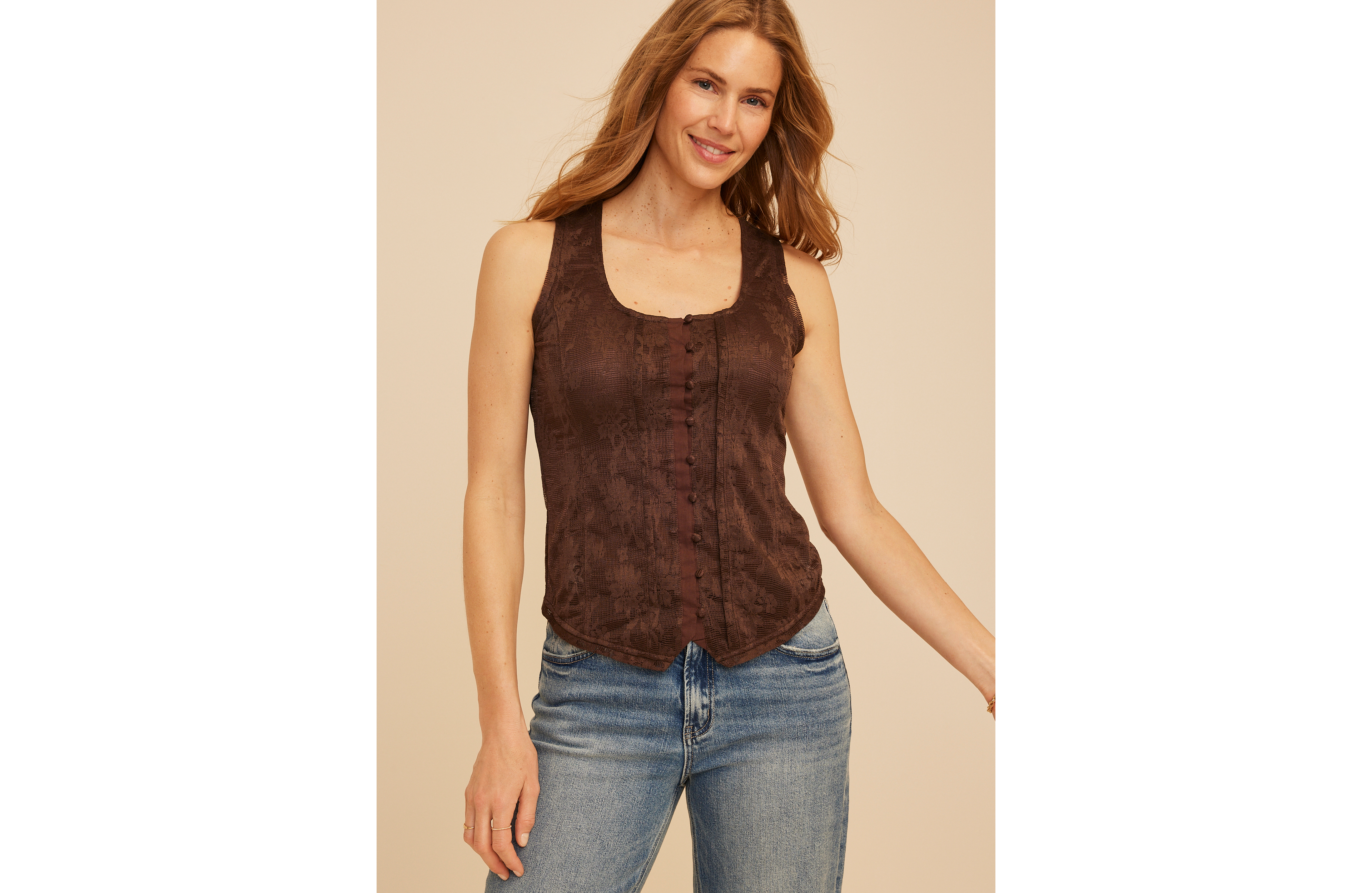 Sheer Lace Corset Button Front Tank Top