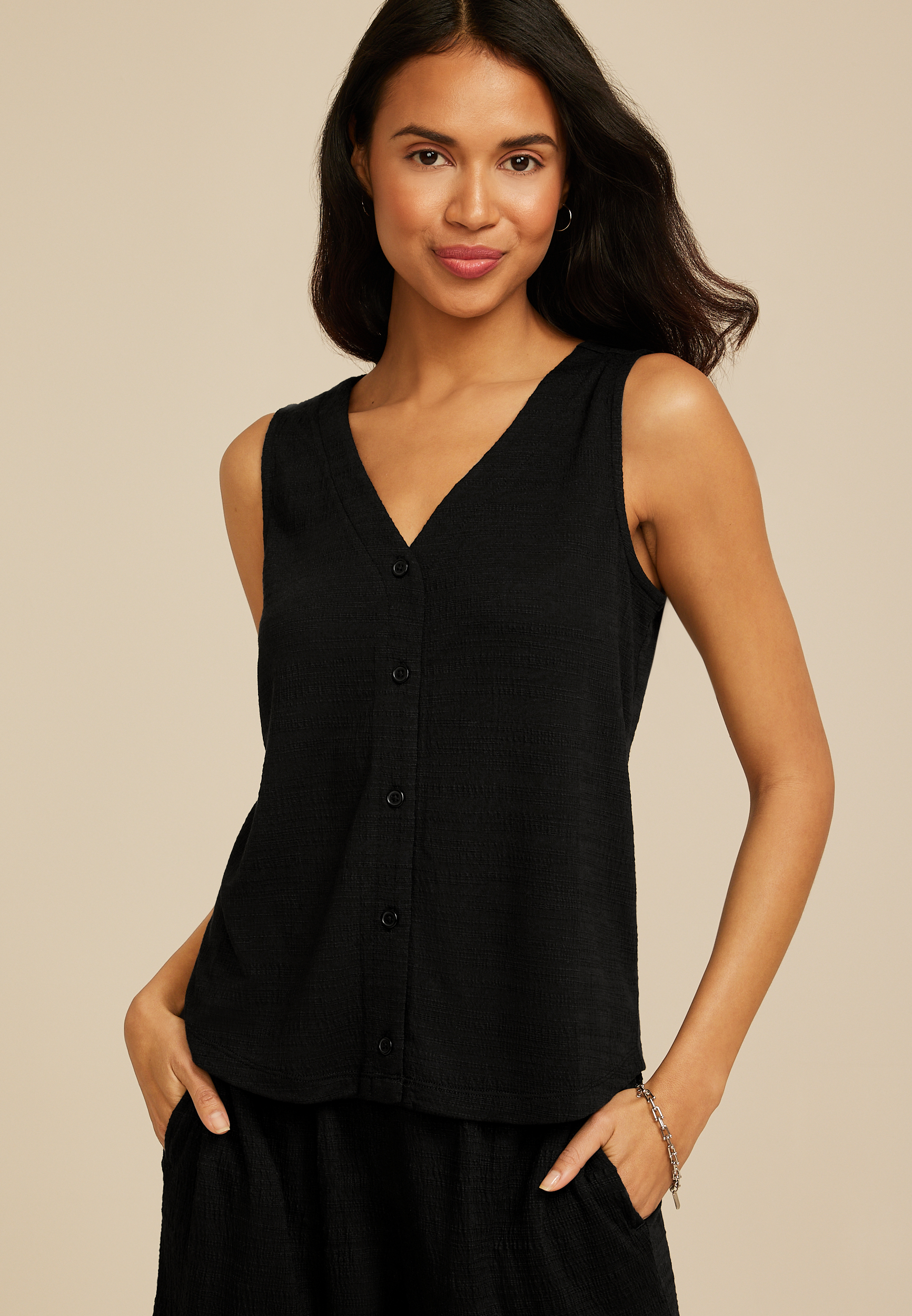 Textured Button Front Tank Top