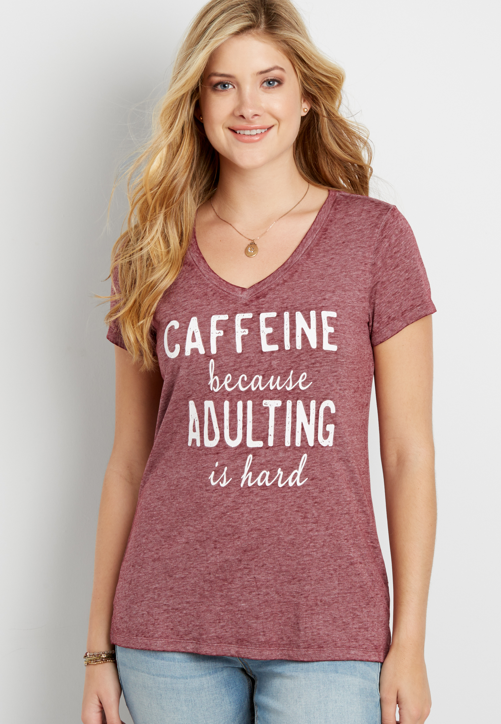 heathered tee with caffeine because adulting is hard graphic | maurices