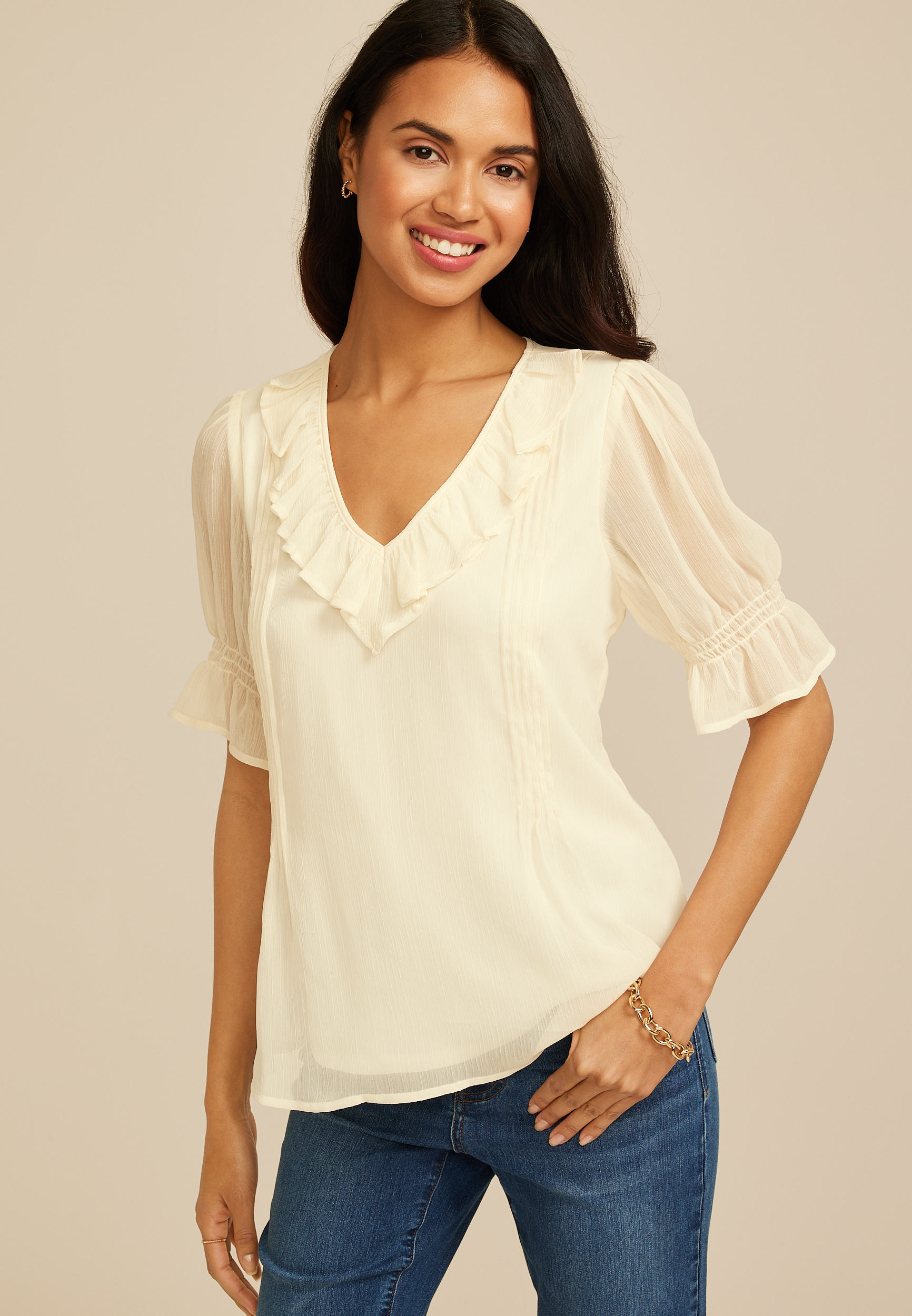 Ruffle Pleated V Neck Blouse