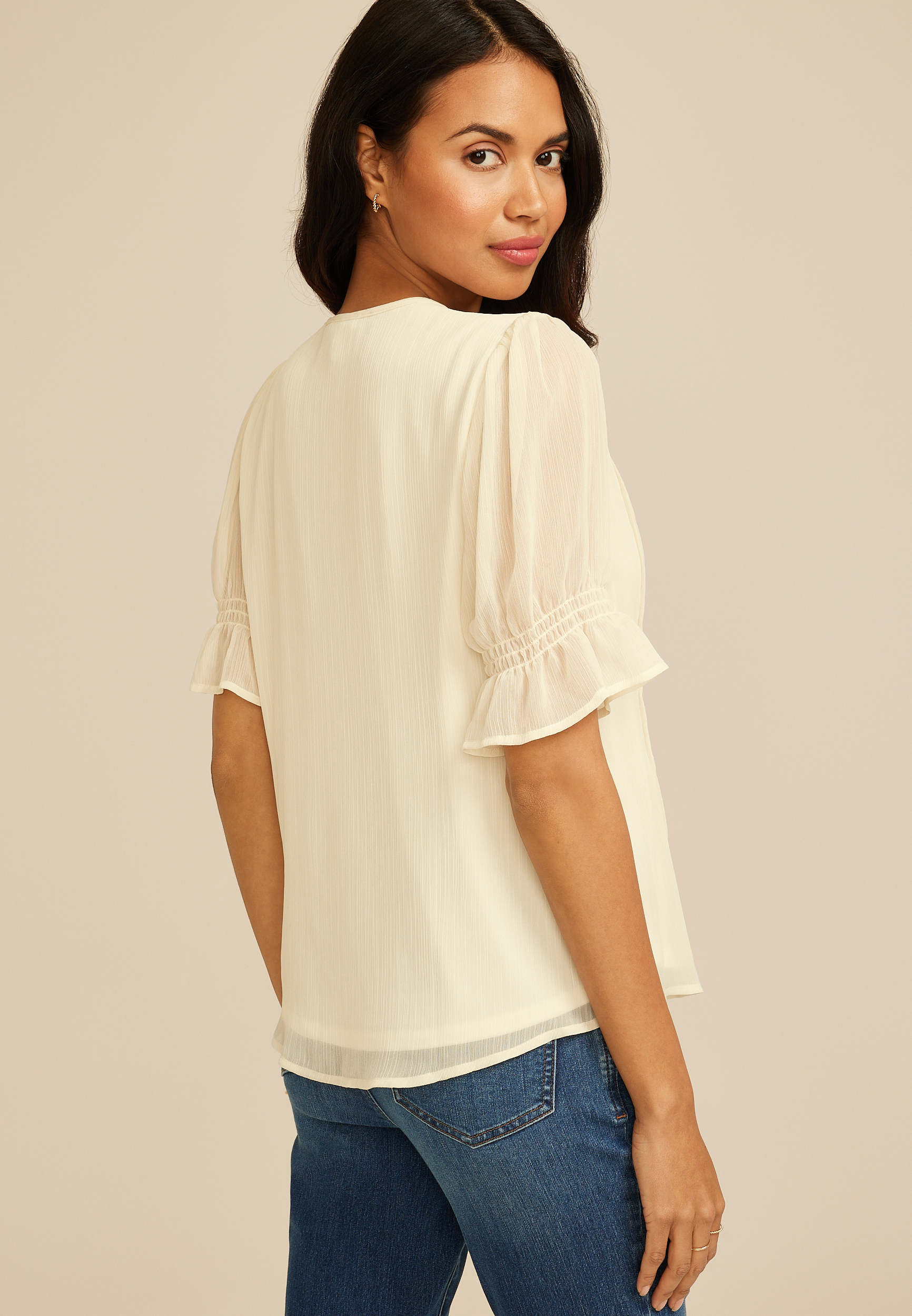 Ruffle Pleated V Neck Blouse, C596, large