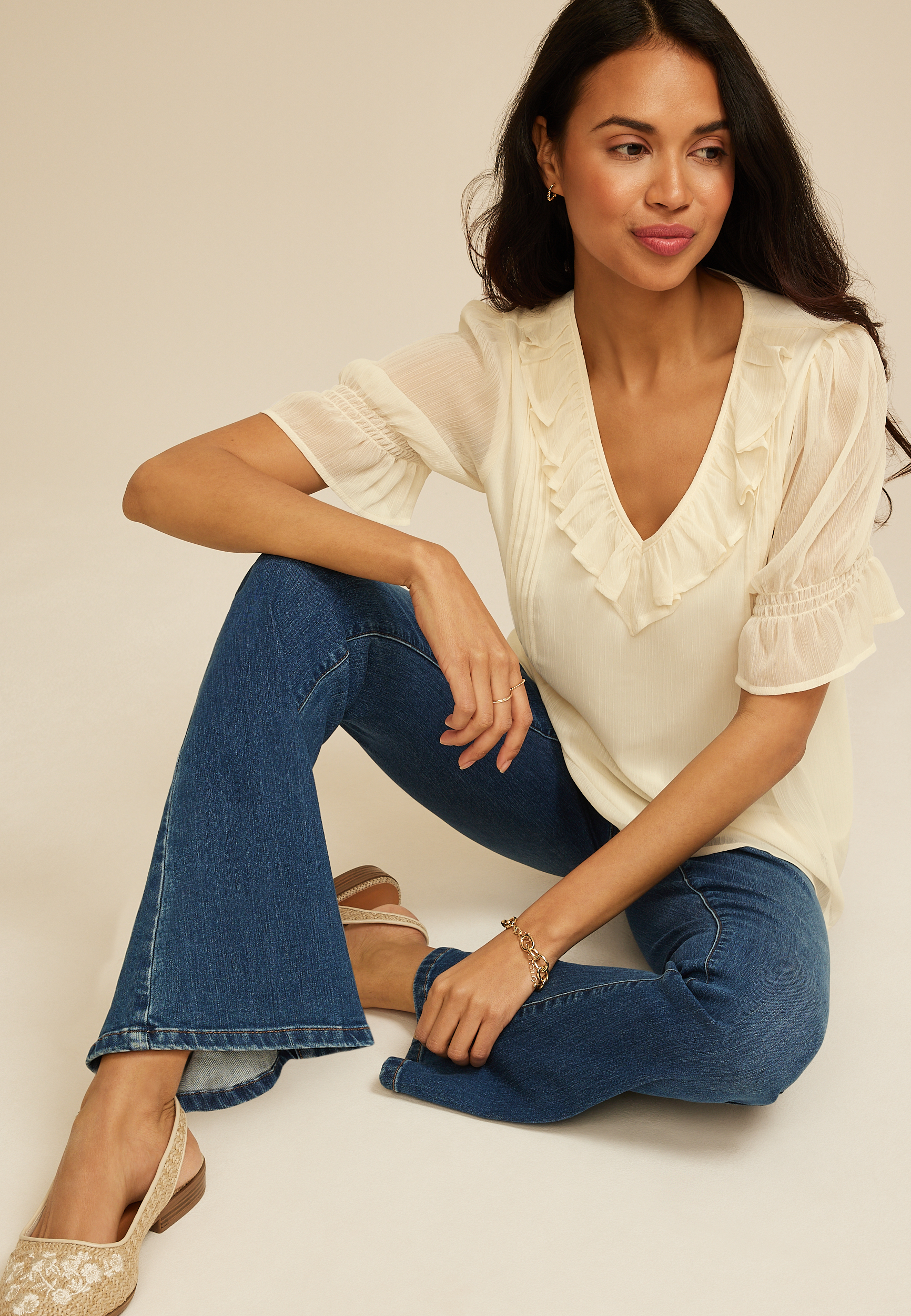 Ruffle Pleated V Neck Blouse, C596, large