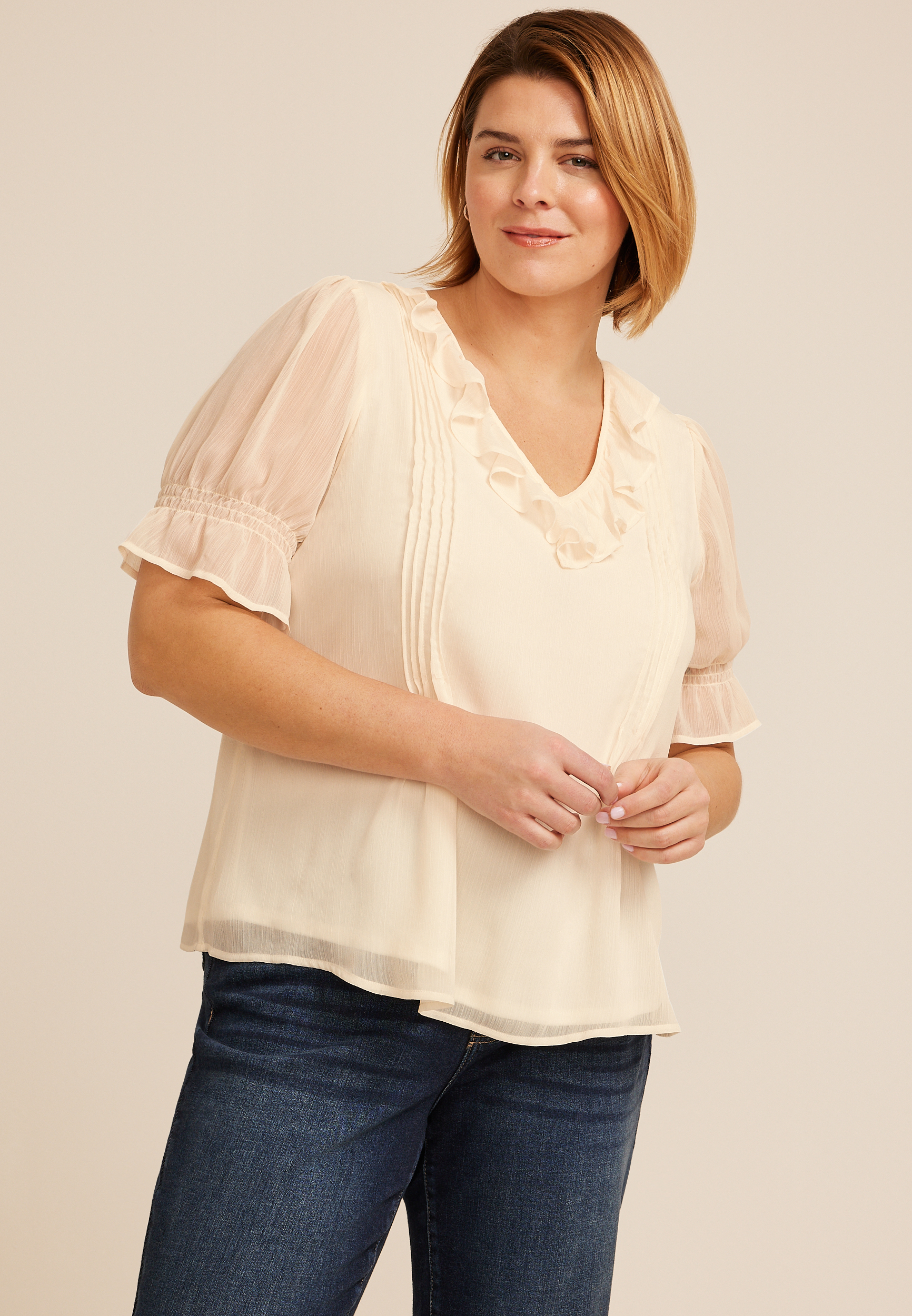 Plus Size Ruffle Pleated V Neck Blouse